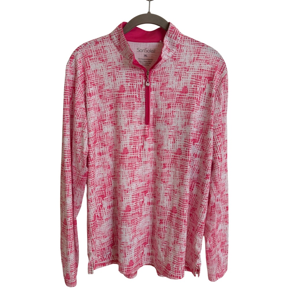 SanSoleil XL Pink White Grid UV 50 Cooling Quarter Zip Golf Top Long‎ Sleeve